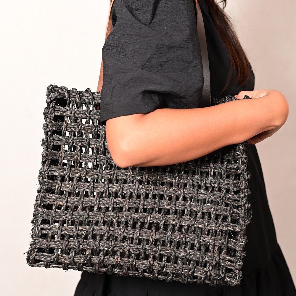 Handmade Sabai Grass Large Mesh Tote Bag - Black - Kadam Haat
