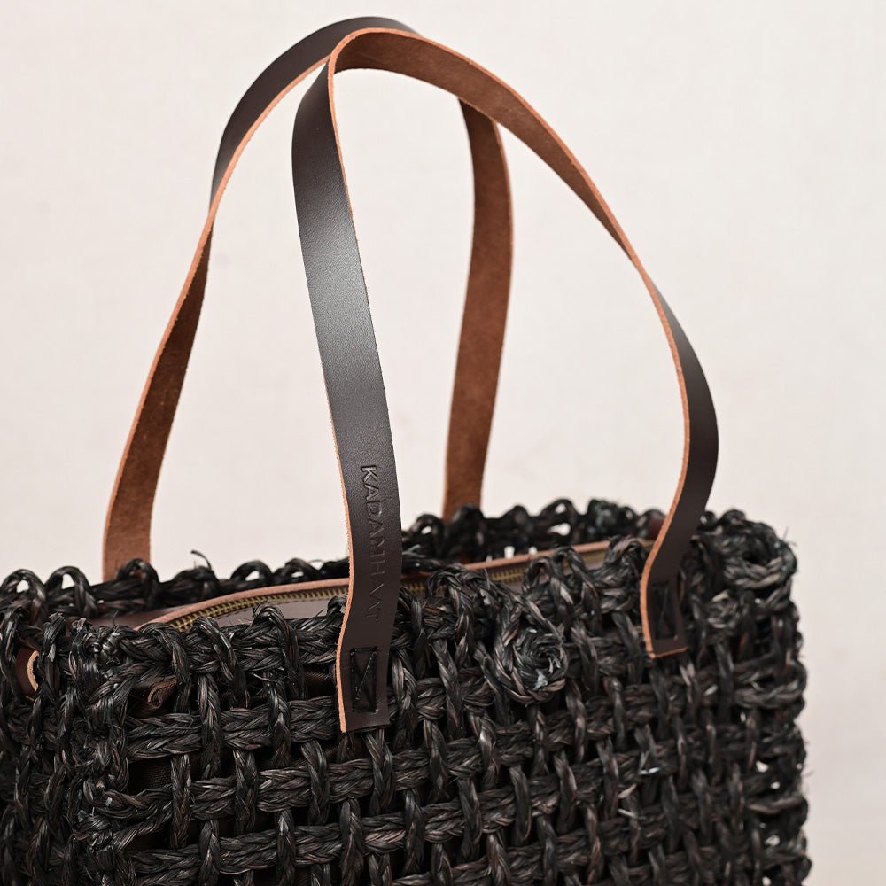 Handmade Sabai Grass Large Mesh Tote Bag - Black - Kadam Haat