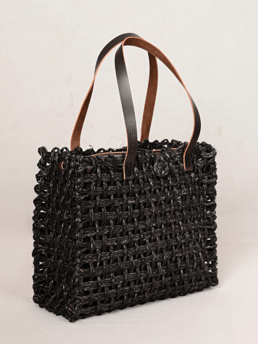 Handmade Sabai Grass Large Mesh Tote Bag - Black - Kadam Haat