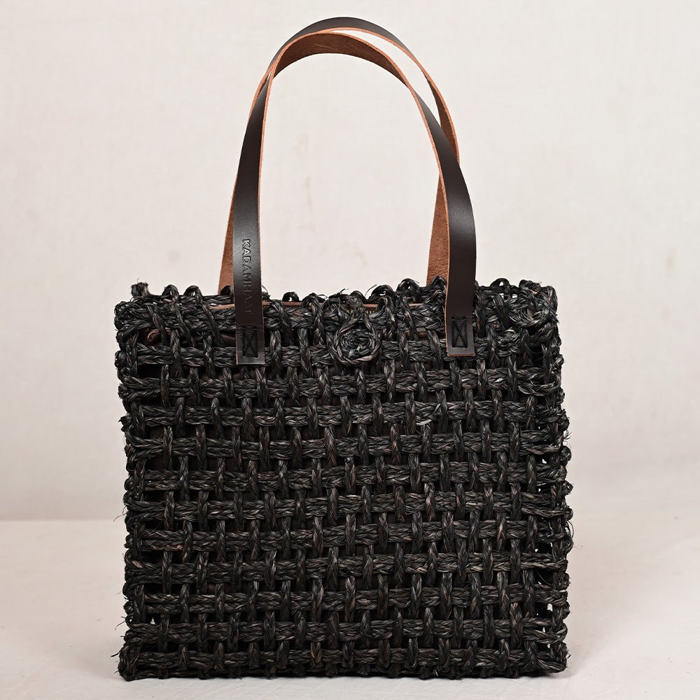 Handmade Sabai Grass Large Mesh Tote Bag - Black - Kadam Haat