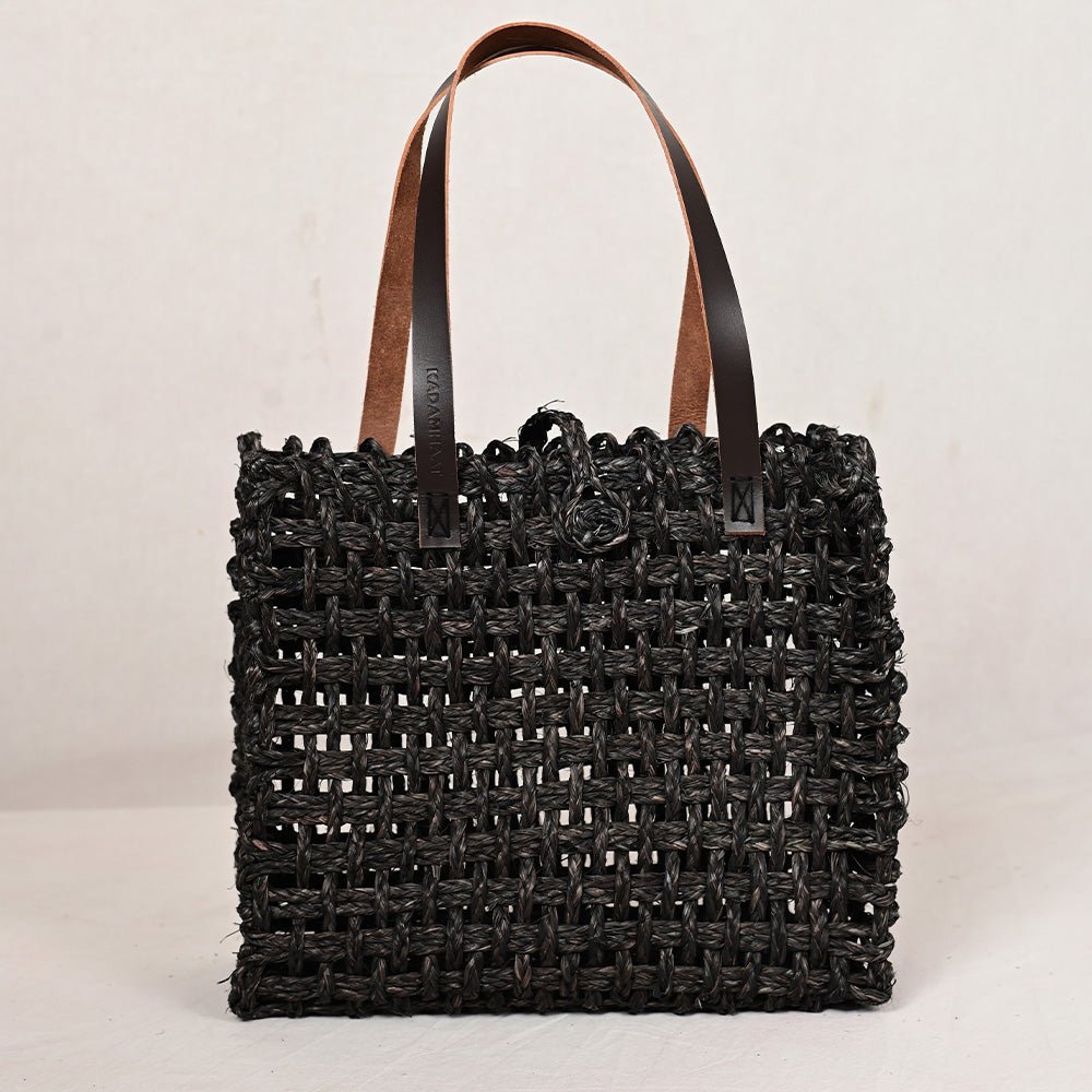 Handmade Sabai Grass Large Mesh Tote Bag - Black - Kadam Haat