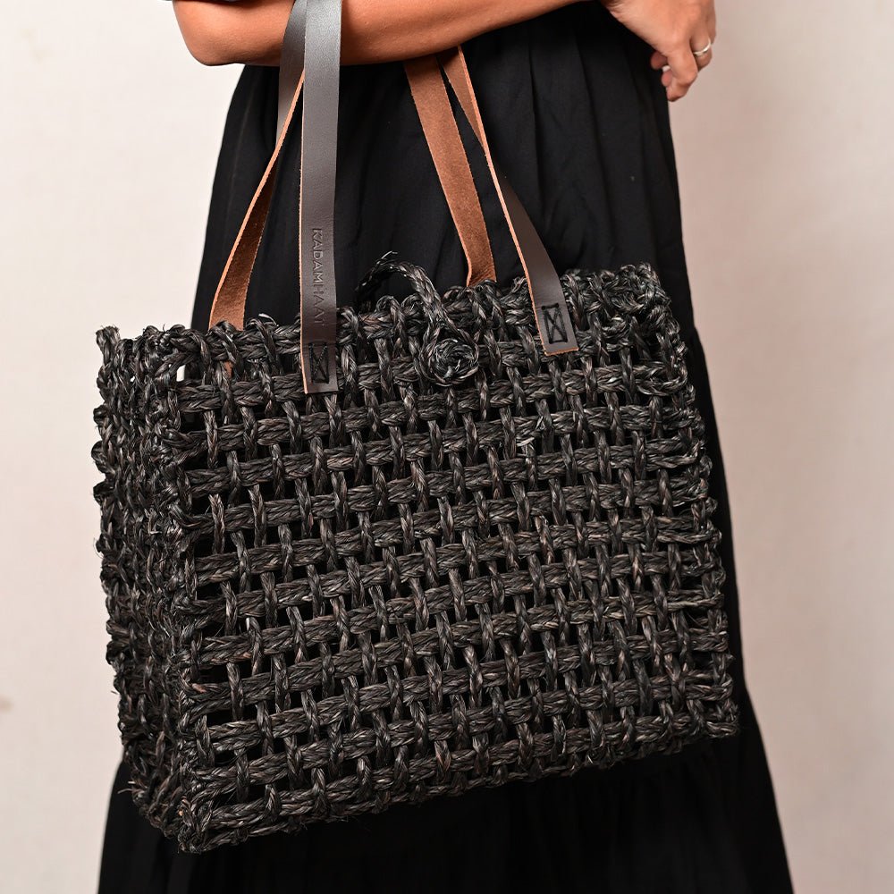 Handmade Sabai Grass Large Mesh Tote Bag - Black - Kadam Haat
