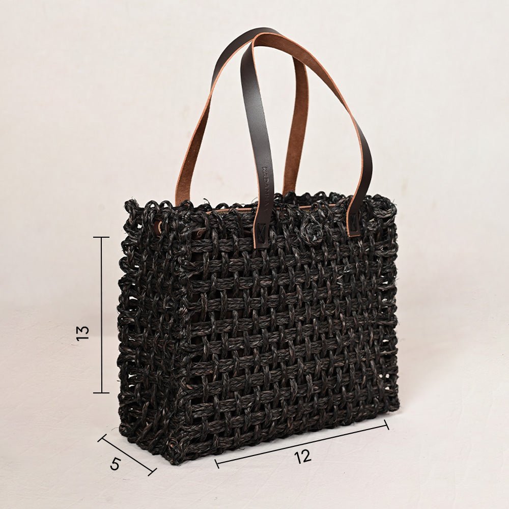 Handmade Sabai Grass Large Mesh Tote Bag - Black - Kadam Haat