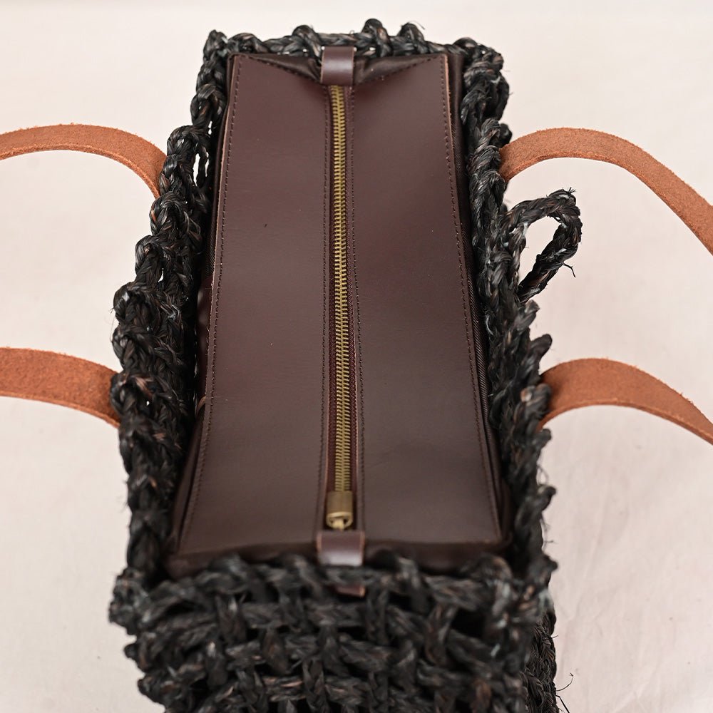 Handmade Sabai Grass Large Mesh Tote Bag - Black - Kadam Haat