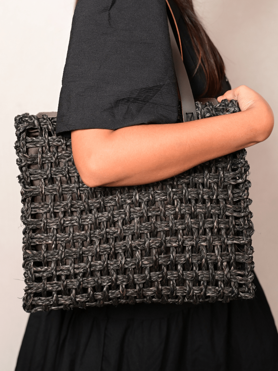Handmade Sabai Grass Large Mesh Tote Bag - Black - Kadam Haat