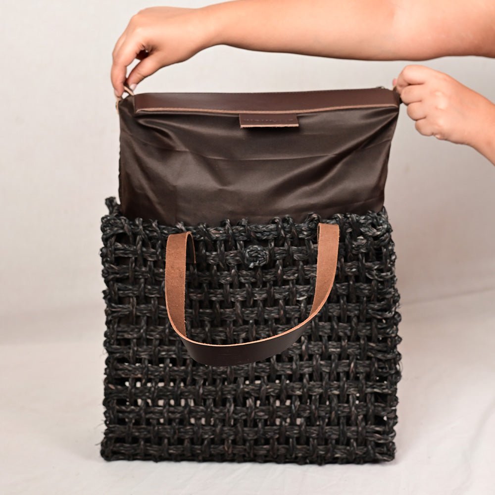 Handmade Sabai Grass Large Mesh Tote Bag - Black - Kadam Haat