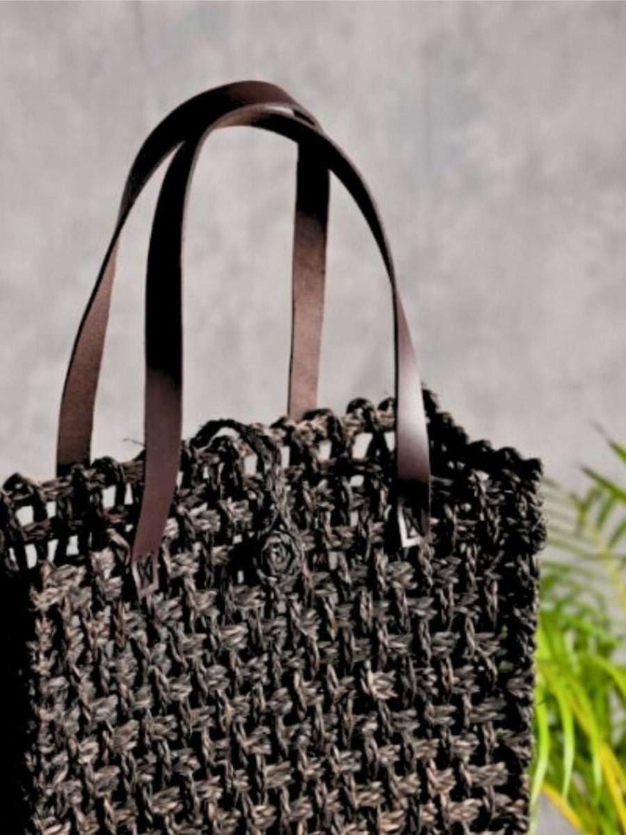 Handmade Sabai Grass Large Mesh Tote Bag - Black - Kadam Haat