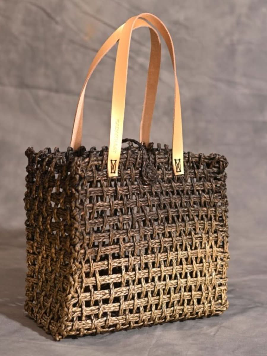 Handmade Sabai Grass Large Mesh Tote Bag - Black and Gold - Kadam Haat