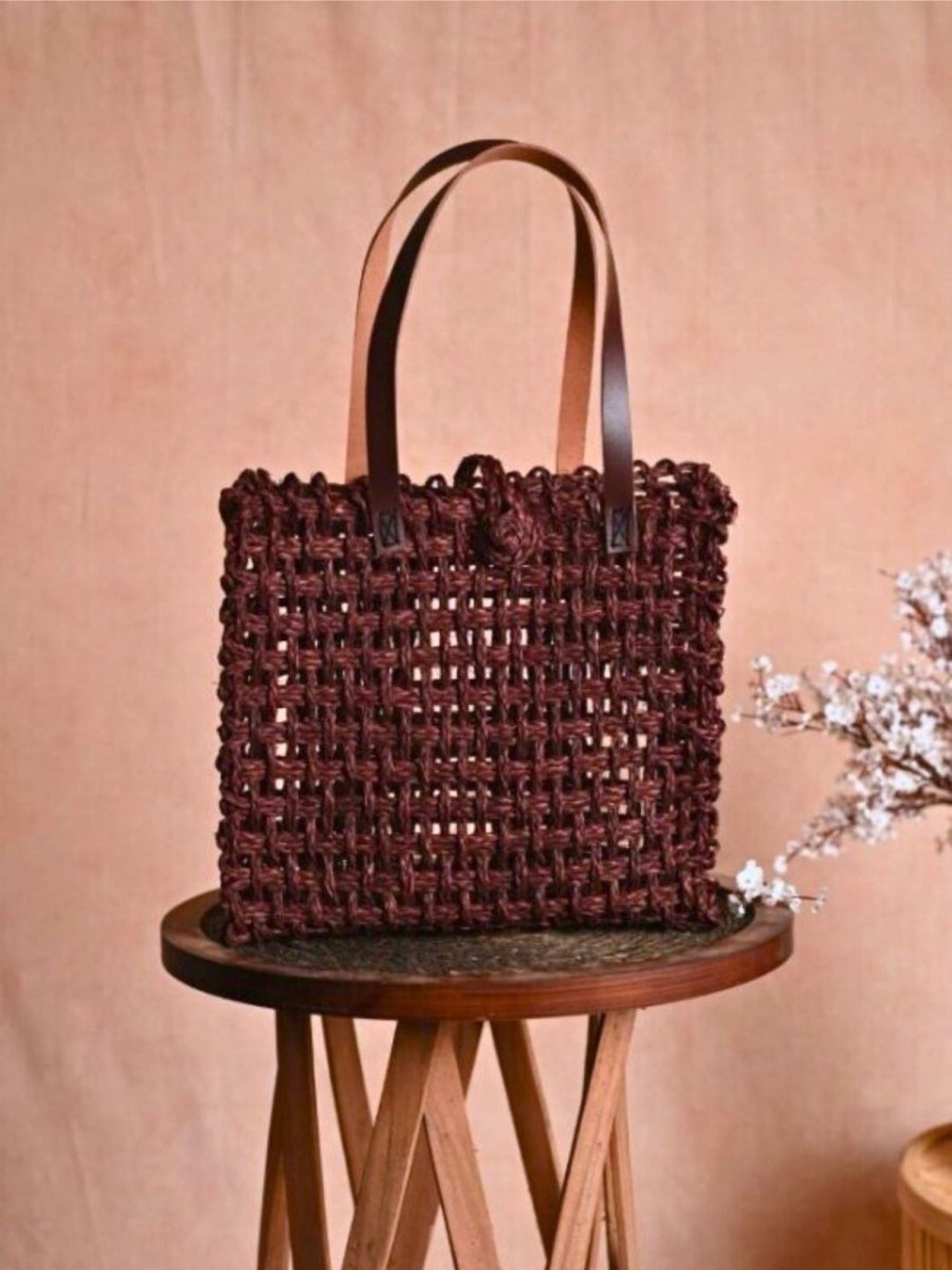 Handmade Sabai Grass Large Mesh Tote Bag - Brown - Kadam Haat