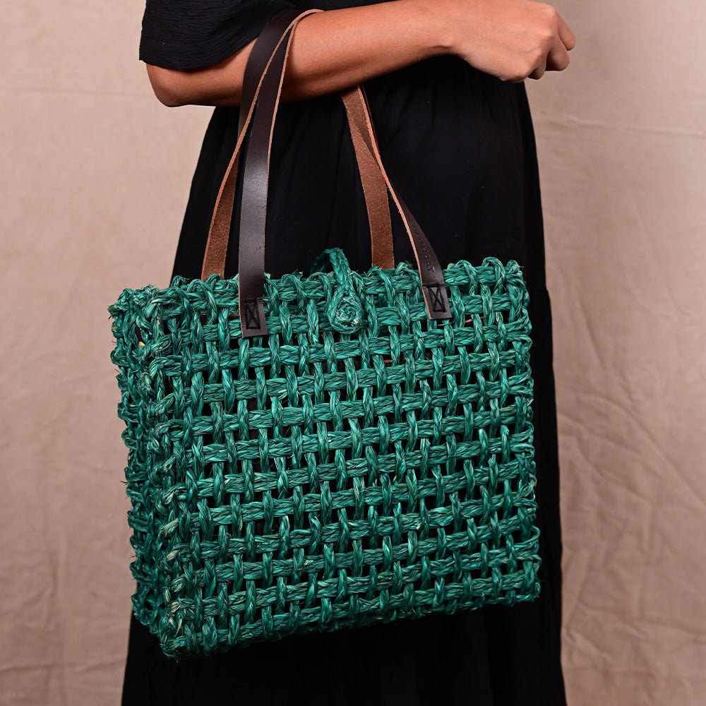 Handmade Sabai Grass Large Mesh Tote Bag- Green - Kadam Haat