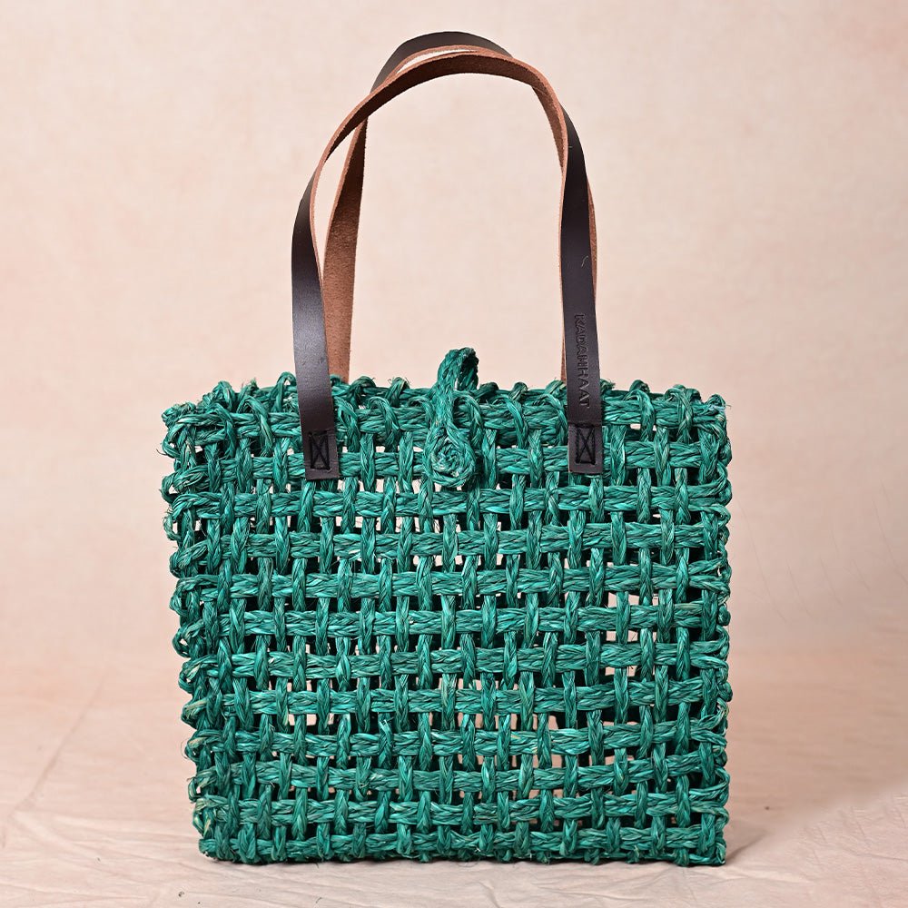 Handmade Sabai Grass Large Mesh Tote Bag- Green - Kadam Haat