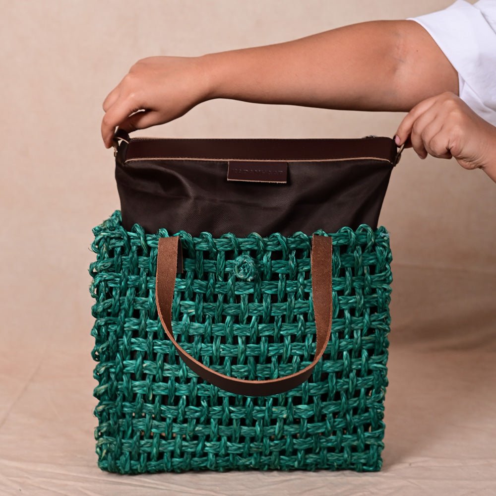 Handmade Sabai Grass Large Mesh Tote Bag- Green - Kadam Haat
