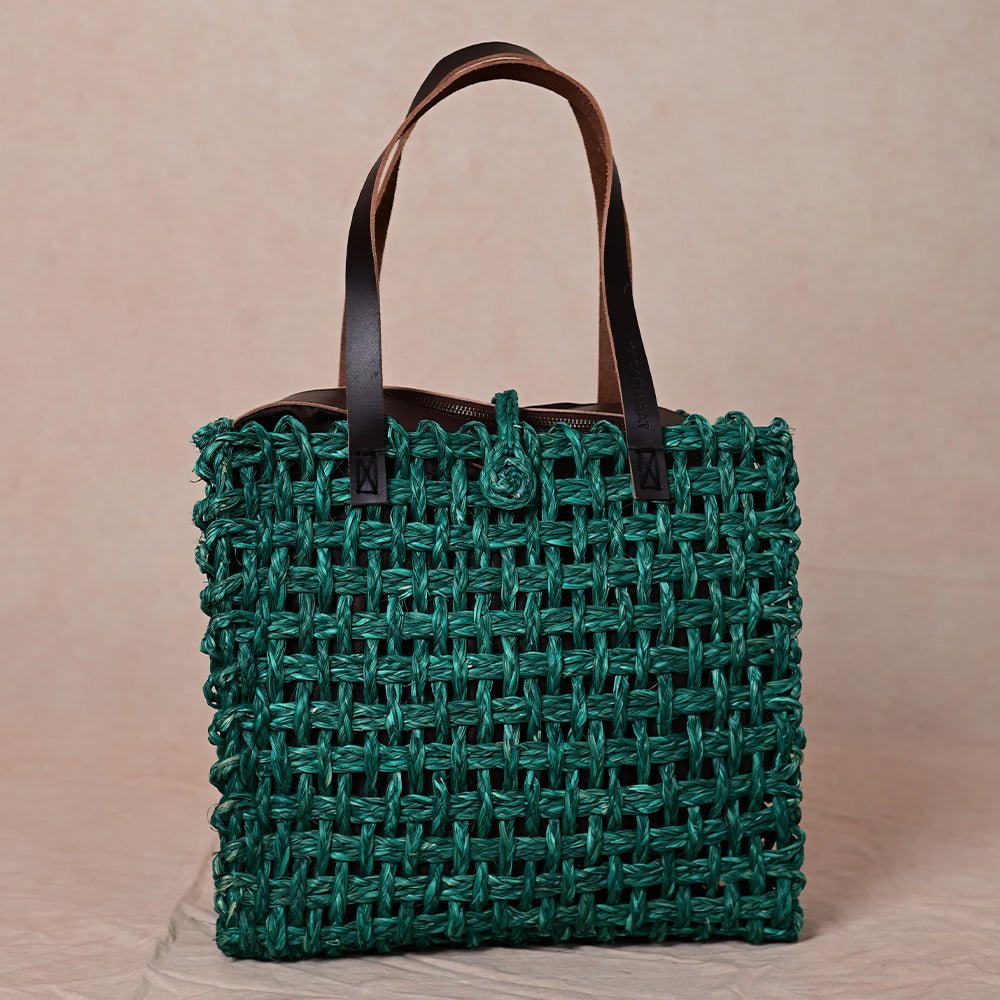 Handmade Sabai Grass Large Mesh Tote Bag- Green - Kadam Haat