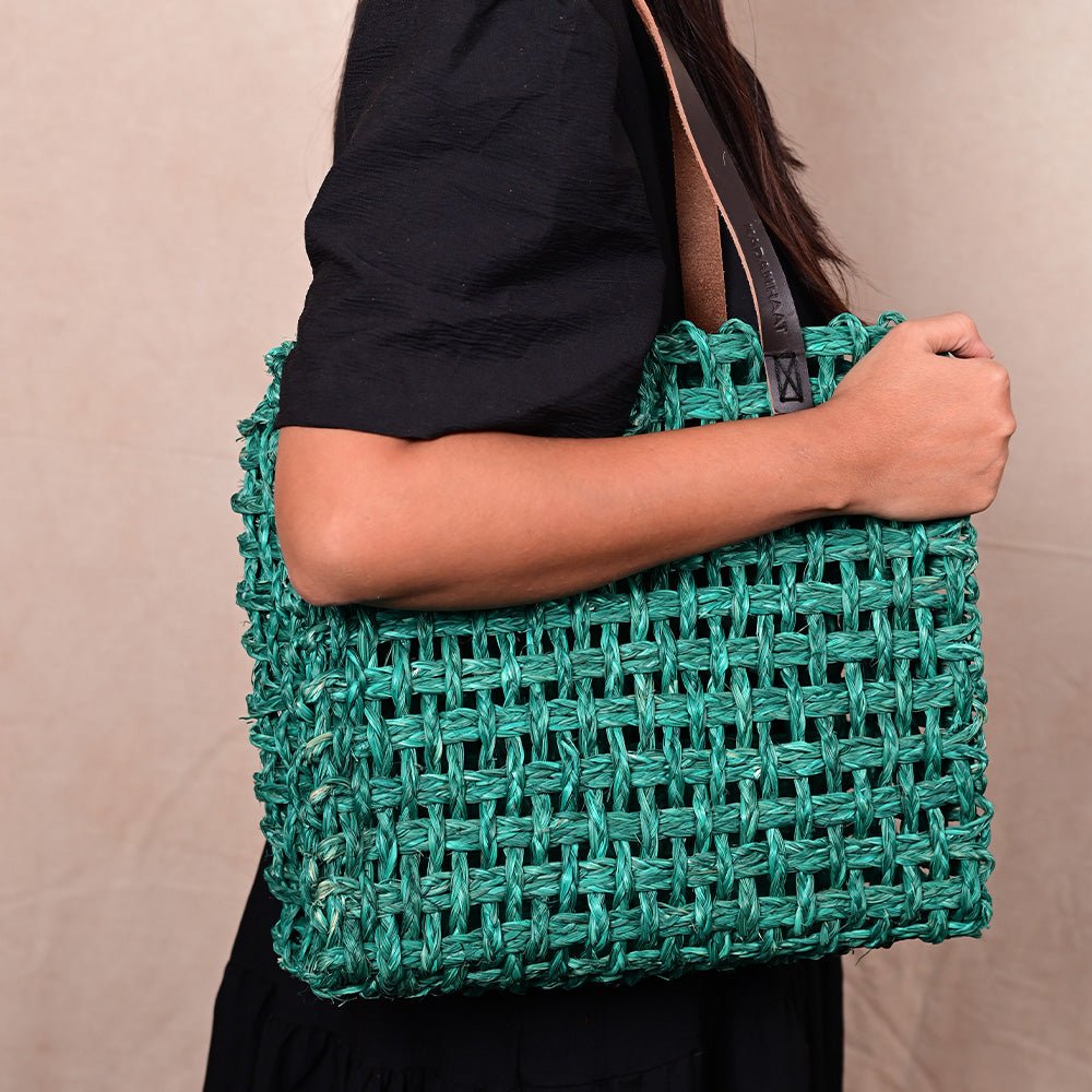 Handmade Sabai Grass Large Mesh Tote Bag- Green - Kadam Haat