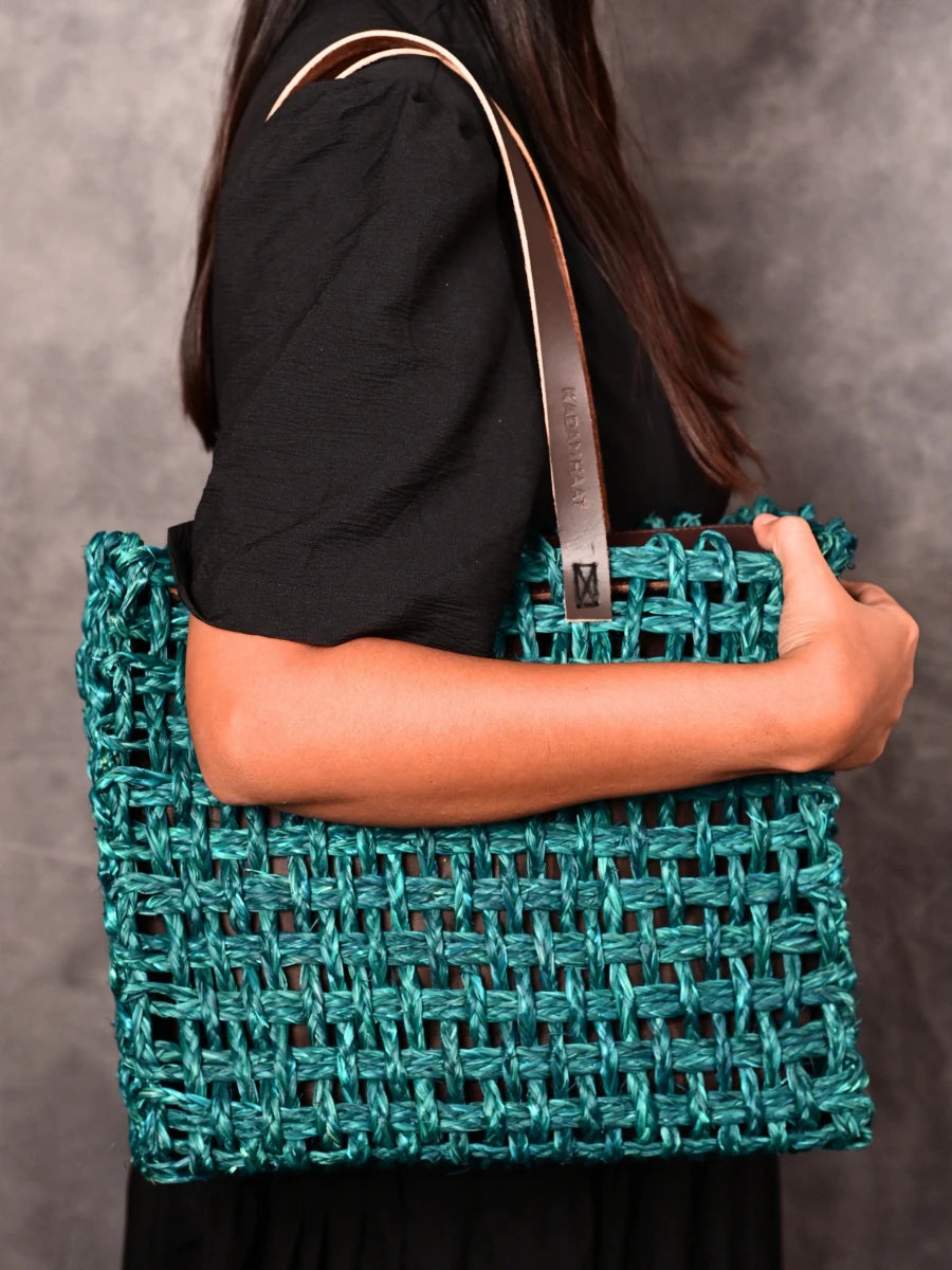 Handmade Sabai Grass Large Mesh Tote Bag - Indigo - Kadam Haat