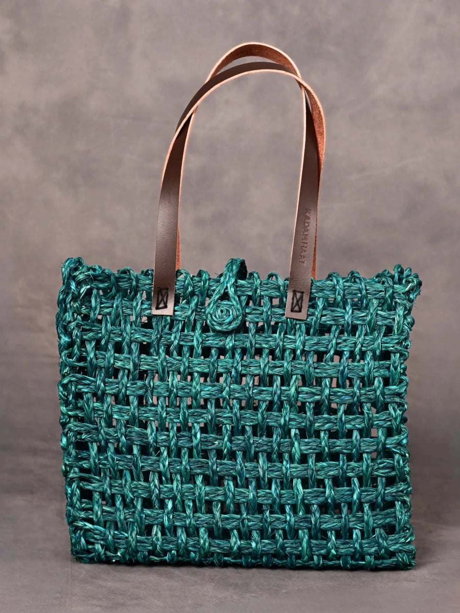 Handmade Sabai Grass Large Mesh Tote Bag - Indigo - Kadam Haat