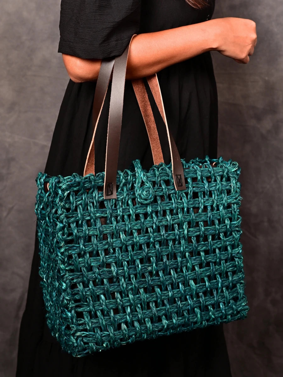 Handmade Sabai Grass Large Mesh Tote Bag - Indigo - Kadam Haat