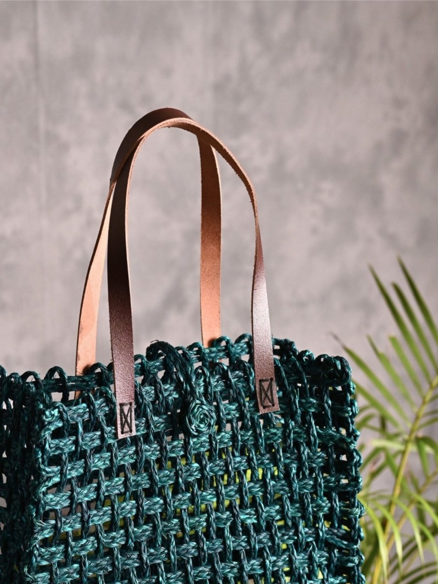 Handmade Sabai Grass Large Mesh Tote Bag - Indigo - Kadam Haat