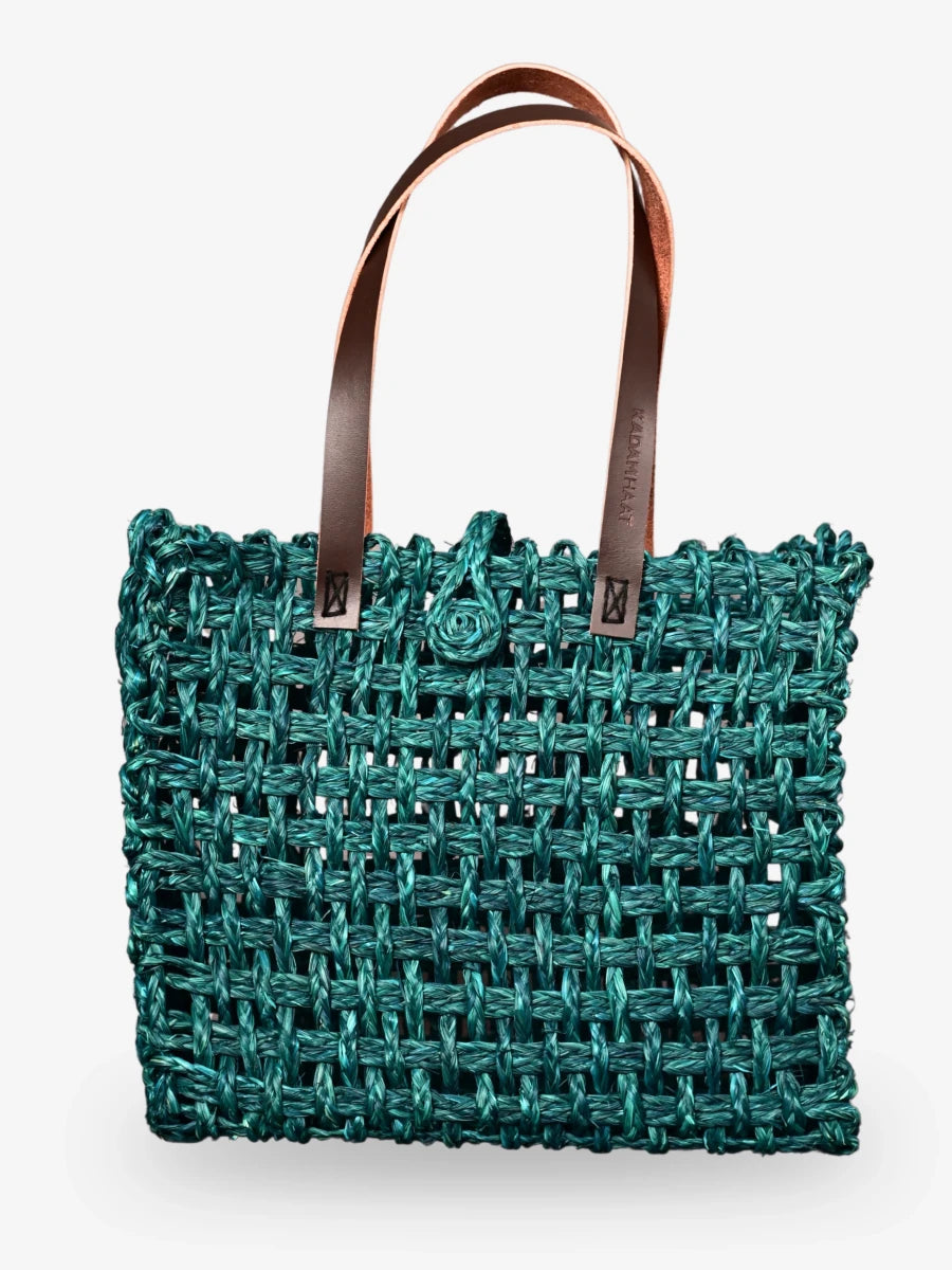 Handmade Sabai Grass Large Mesh Tote Bag - Indigo - Kadam Haat