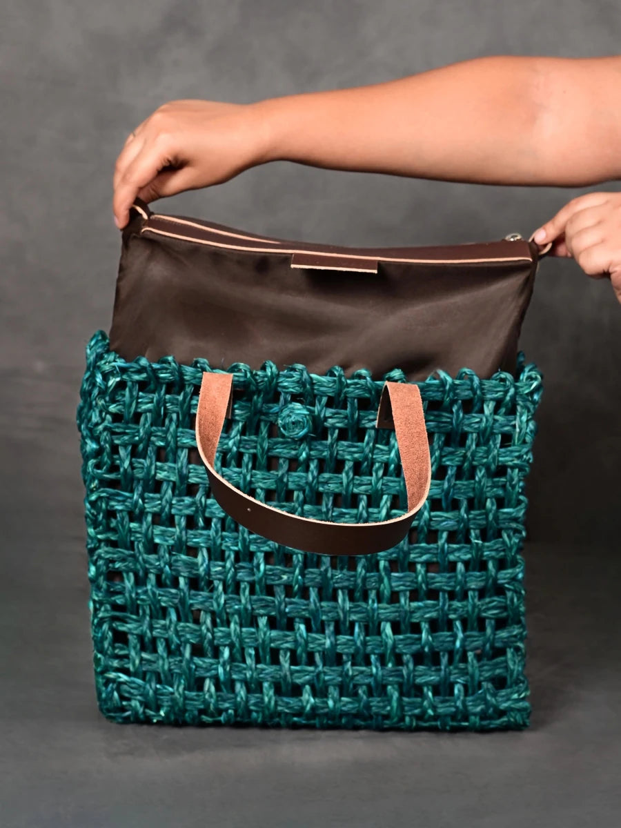 Handmade Sabai Grass Large Mesh Tote Bag - Indigo - Kadam Haat