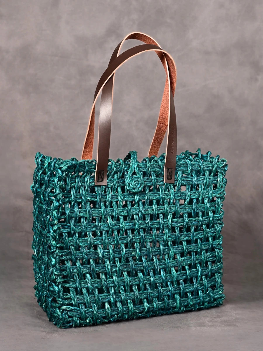 Handmade Sabai Grass Large Mesh Tote Bag - Indigo - Kadam Haat