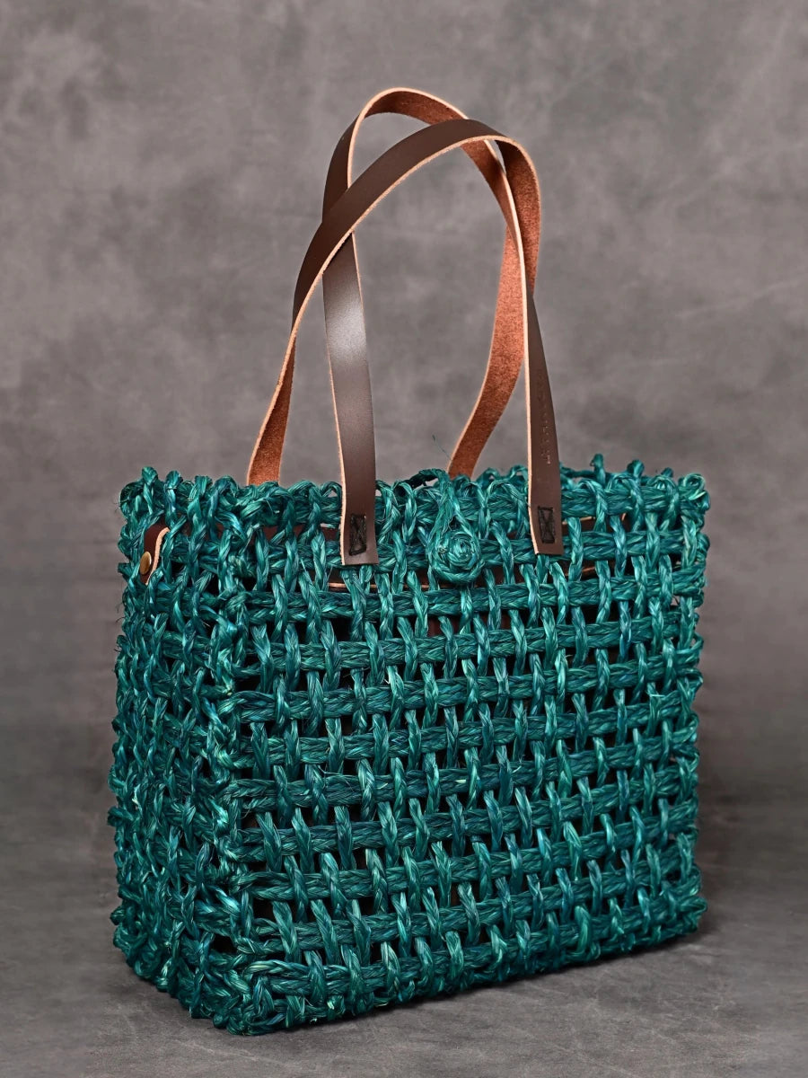 Handmade Sabai Grass Large Mesh Tote Bag - Indigo - Kadam Haat