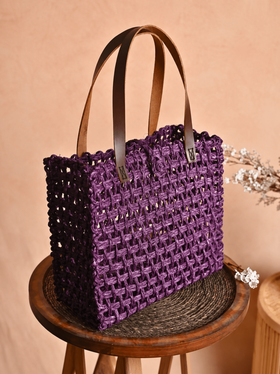 Handmade Sabai Grass Large Mesh Tote Bag - Lavender - Kadam Haat
