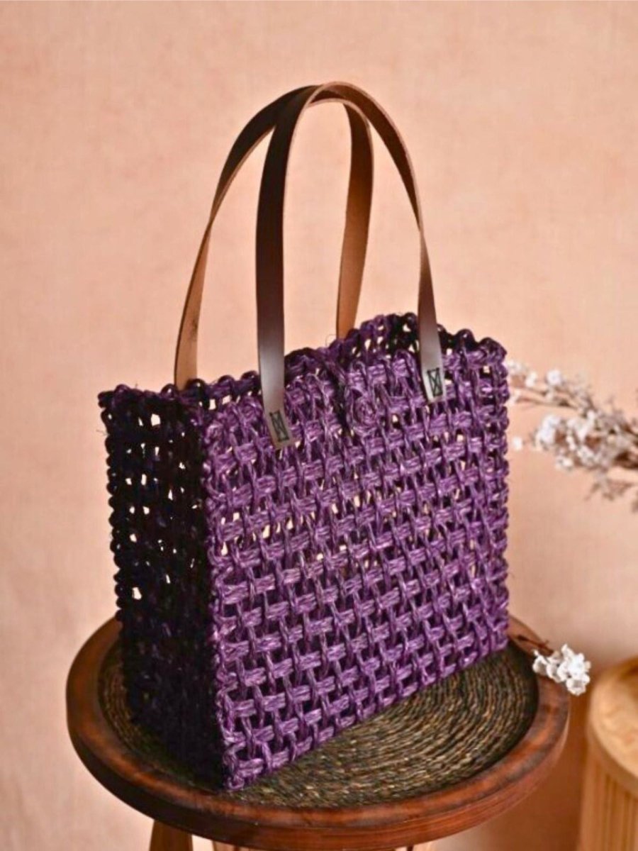 Handmade Sabai Grass Large Mesh Tote Bag - Lavender - Kadam Haat