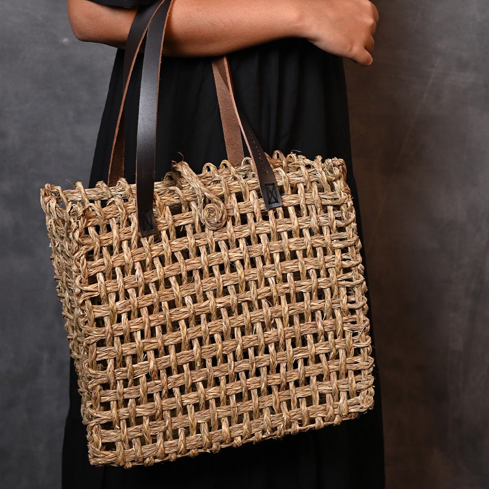 Handmade Sabai Grass Large Mesh Tote Bag - Natural - Kadam Haat