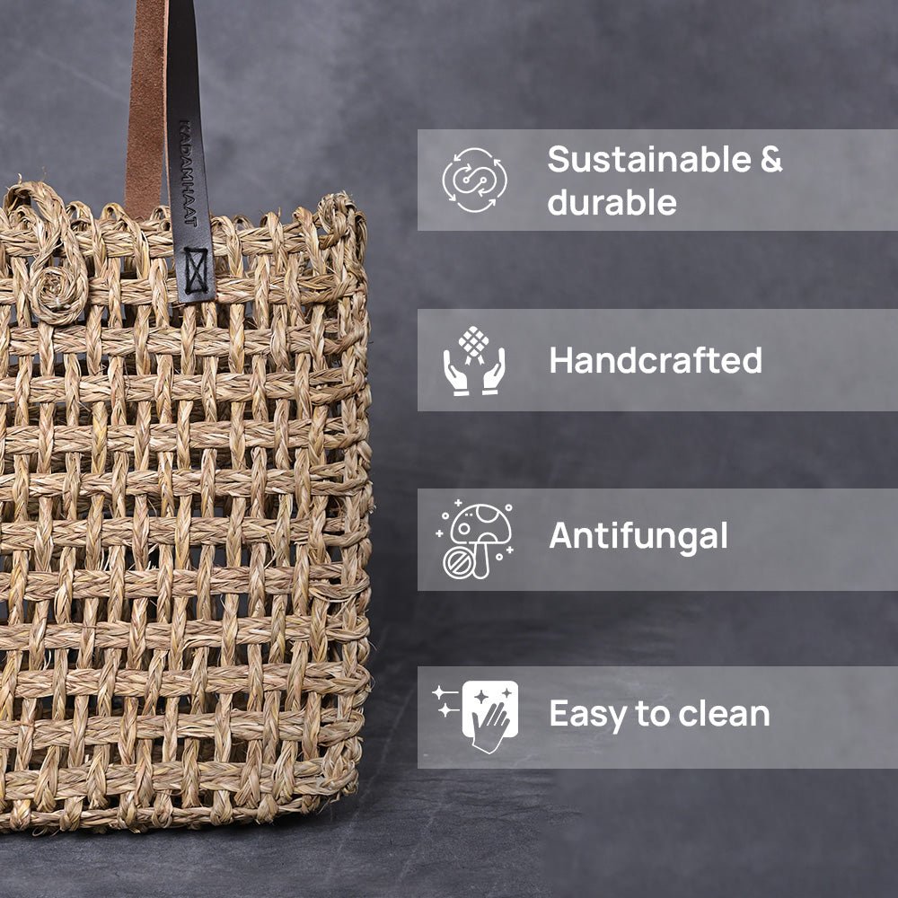 Handmade Sabai Grass Large Mesh Tote Bag - Natural - Kadam Haat