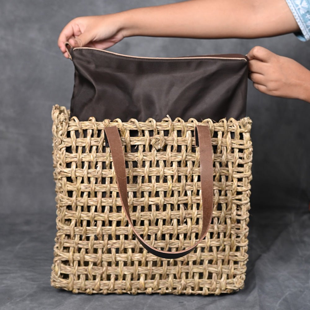Handmade Sabai Grass Large Mesh Tote Bag - Natural - Kadam Haat