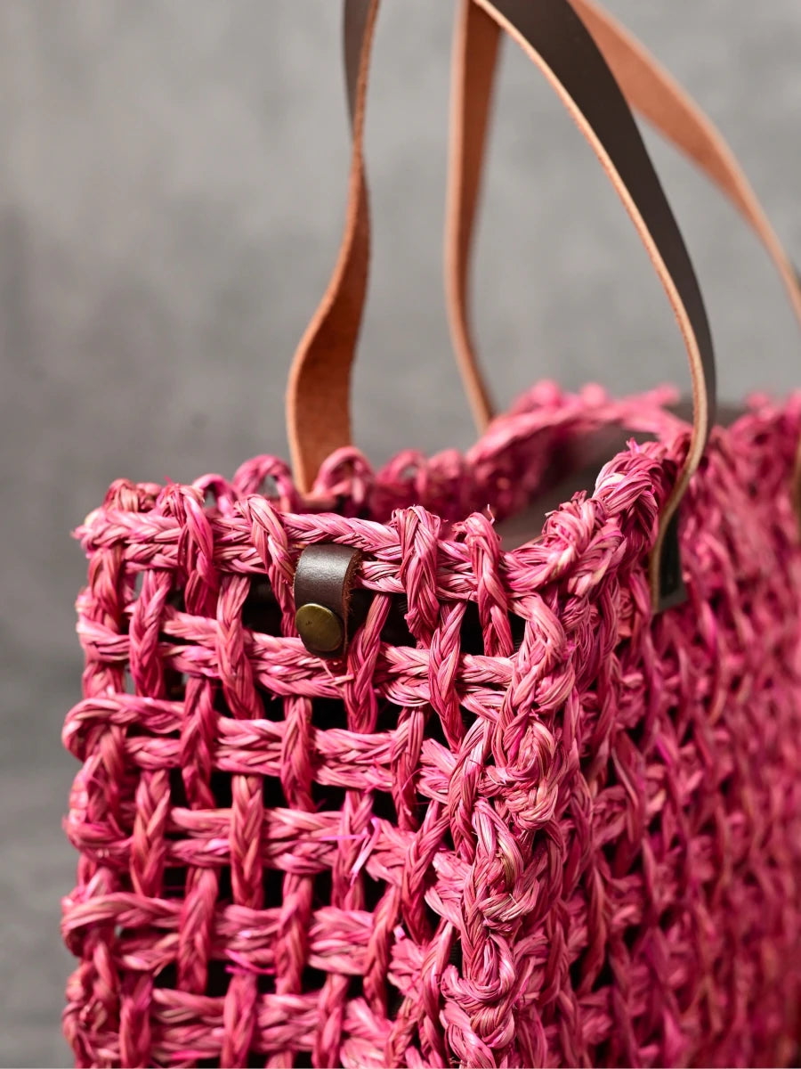 Handmade Sabai Grass Large Mesh Tote Bag - Pink - Kadam Haat