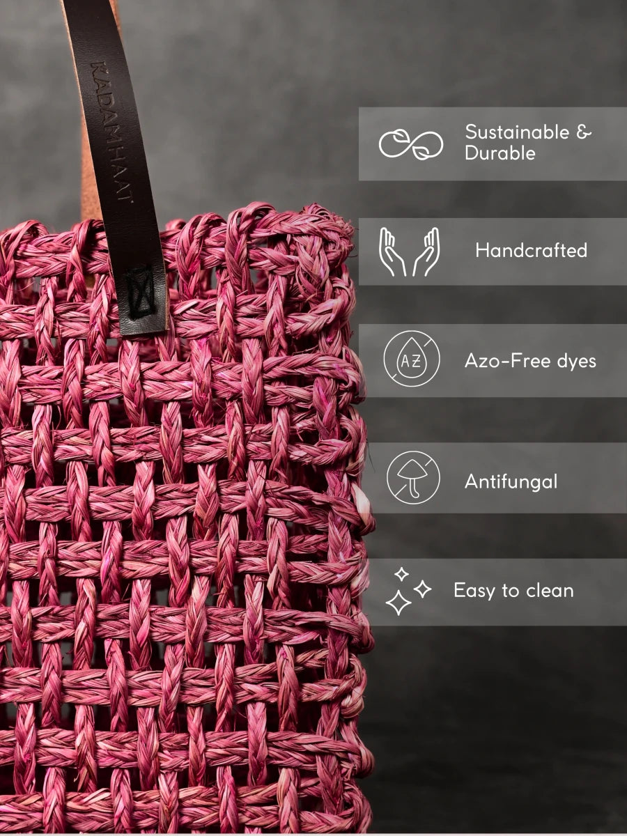 Handmade Sabai Grass Large Mesh Tote Bag - Pink - Kadam Haat