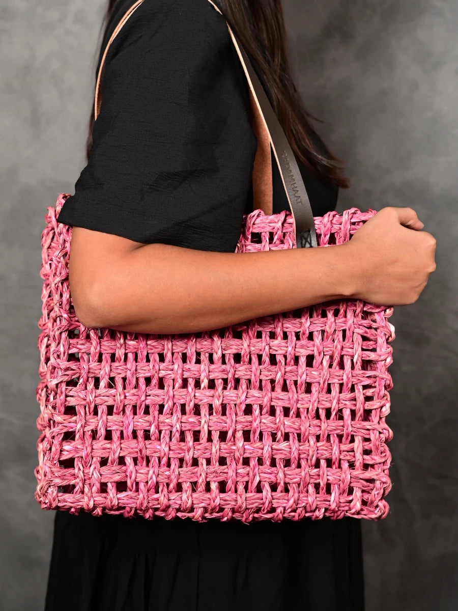 Handmade Sabai Grass Large Mesh Tote Bag - Pink - Kadam Haat