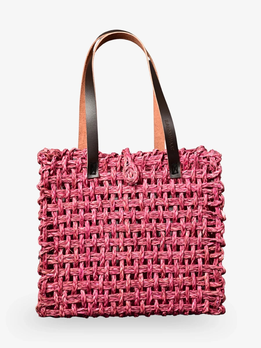 Handmade Sabai Grass Large Mesh Tote Bag - Pink - Kadam Haat