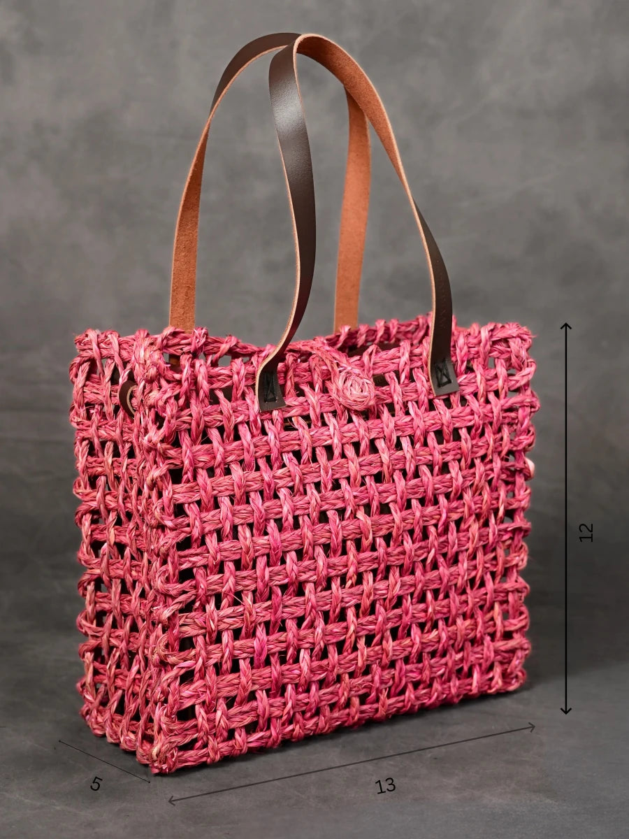 Handmade Sabai Grass Large Mesh Tote Bag - Pink - Kadam Haat