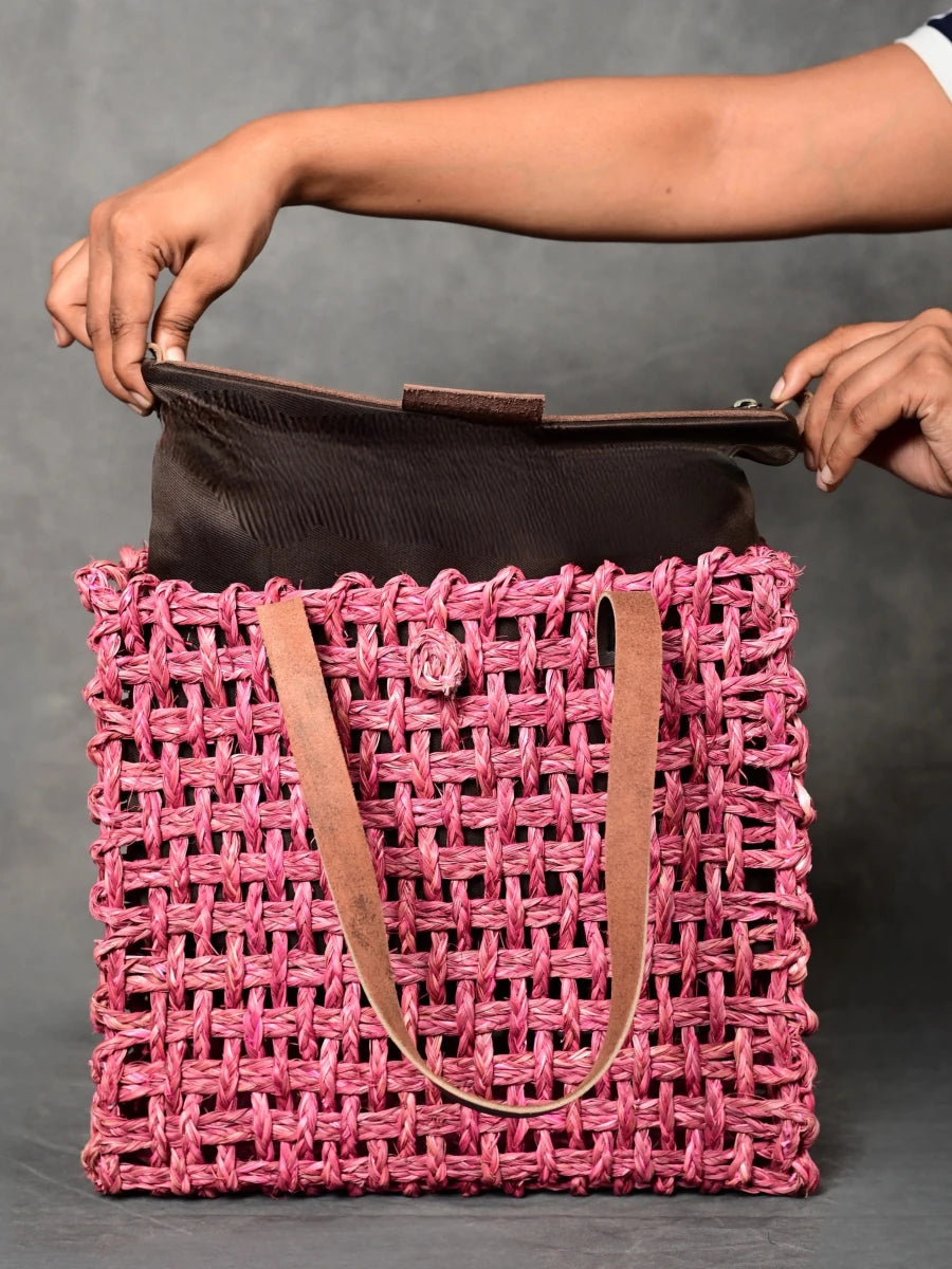 Handmade Sabai Grass Large Mesh Tote Bag - Pink - Kadam Haat