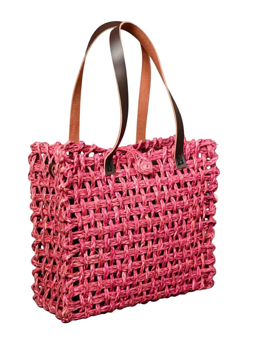 Handmade Sabai Grass Large Mesh Tote Bag - Pink - Kadam Haat