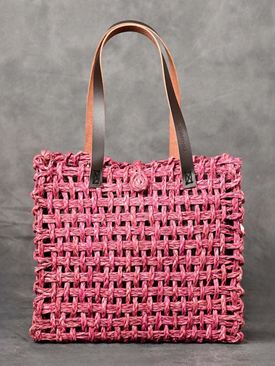Handmade Sabai Grass Large Mesh Tote Bag - Pink - Kadam Haat