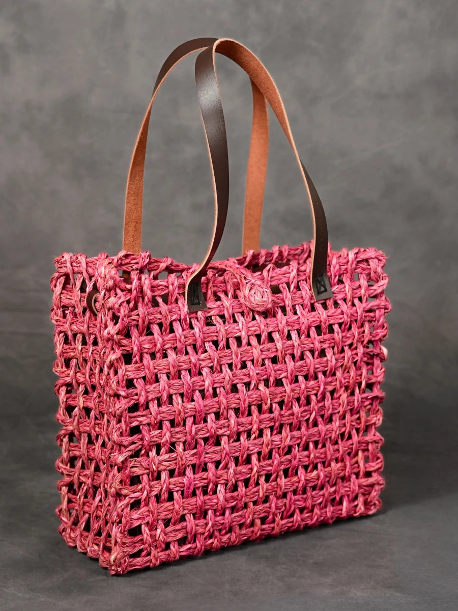 Handmade Sabai Grass Large Mesh Tote Bag - Pink - Kadam Haat