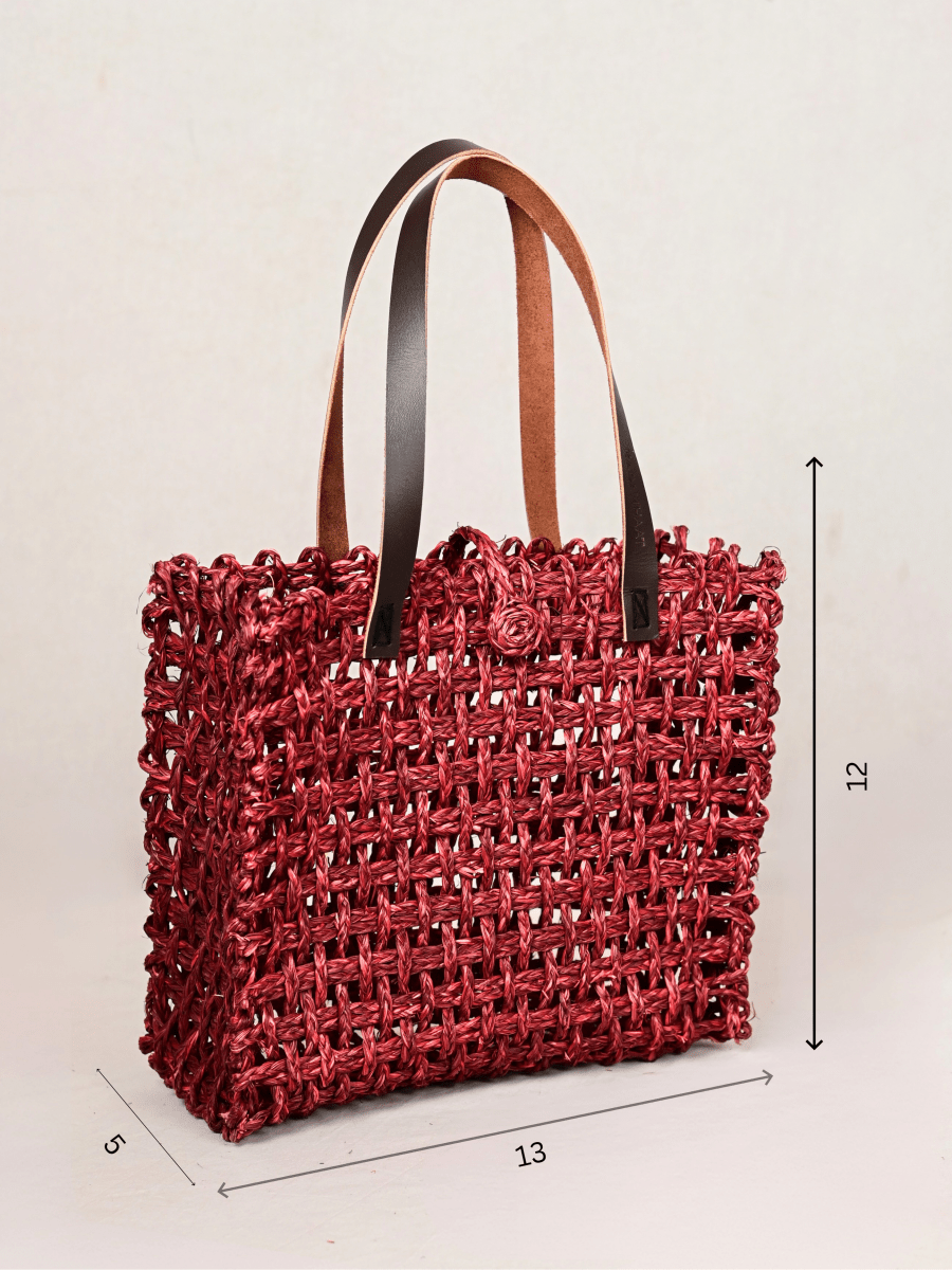 Handmade Sabai Grass Large Mesh Tote Bag - Wine - Kadam Haat