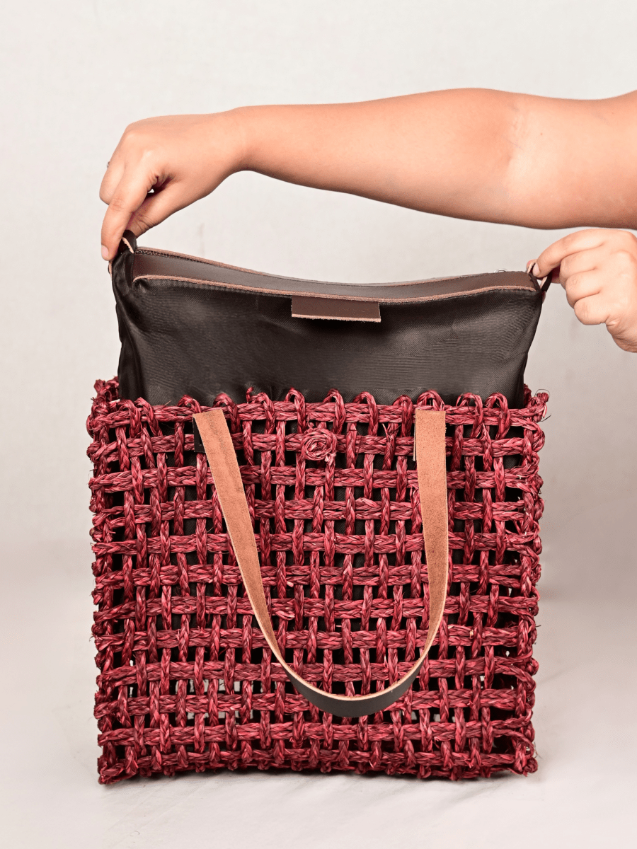 Handmade Sabai Grass Large Mesh Tote Bag - Wine - Kadam Haat