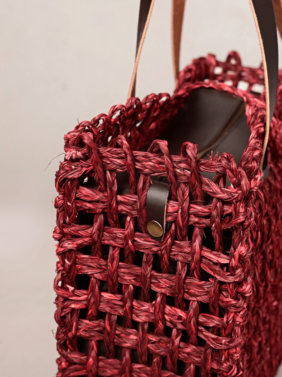 Handmade Sabai Grass Large Mesh Tote Bag - Wine - Kadam Haat