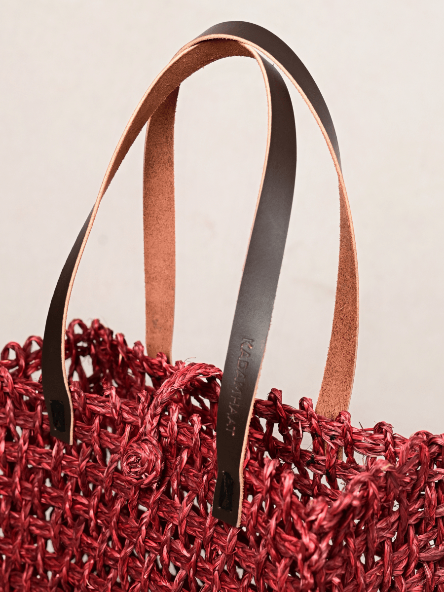 Handmade Sabai Grass Large Mesh Tote Bag - Wine - Kadam Haat