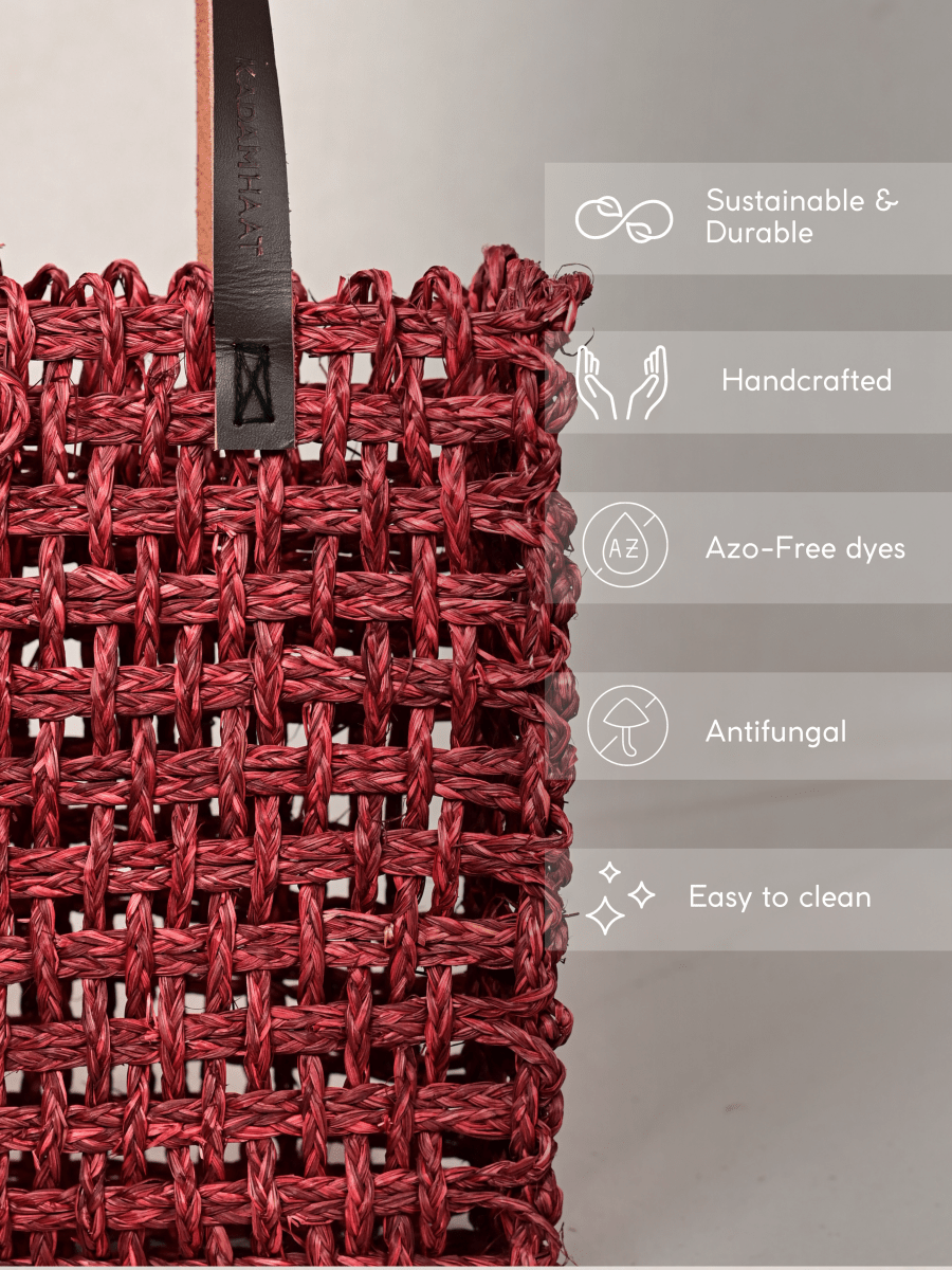 Handmade Sabai Grass Large Mesh Tote Bag - Wine - Kadam Haat