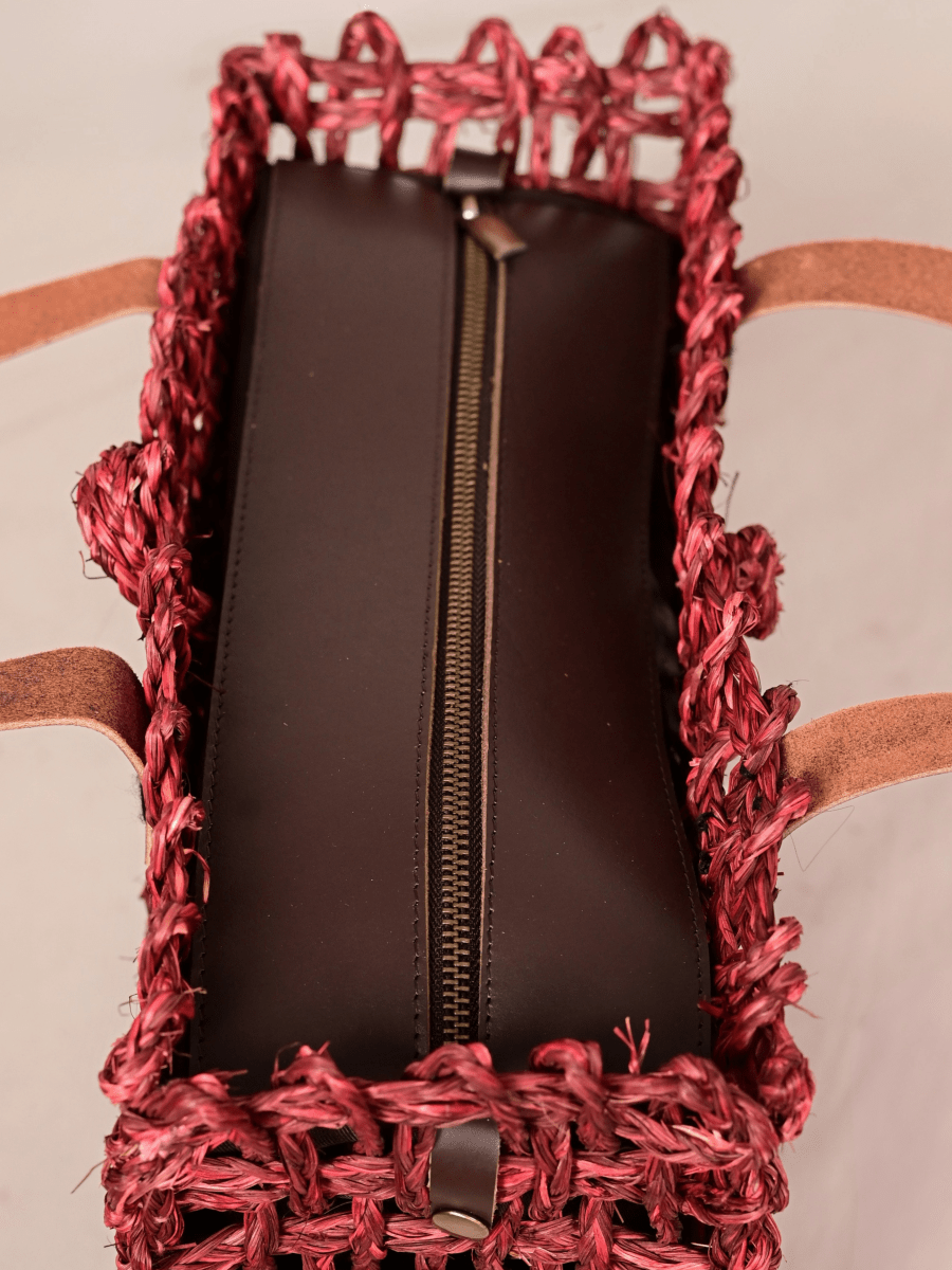 Handmade Sabai Grass Large Mesh Tote Bag - Wine - Kadam Haat