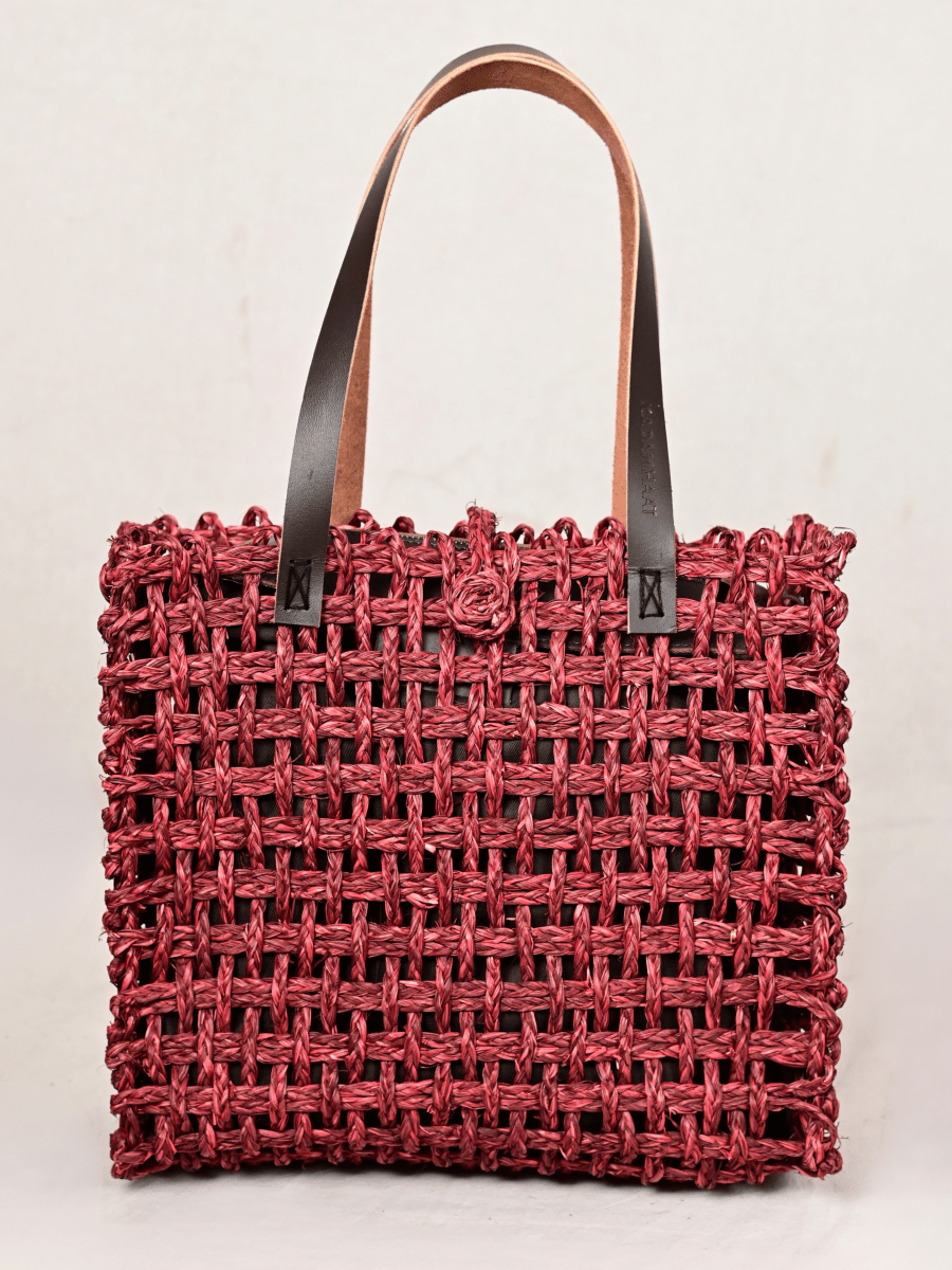 Handmade Sabai Grass Large Mesh Tote Bag - Wine - Kadam Haat