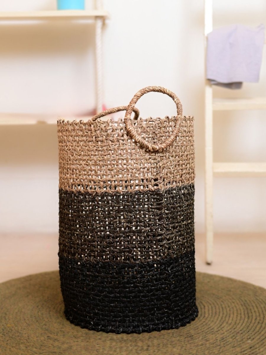 Handmade Sabai Grass Laundry Basket - Black - Kadam Haat