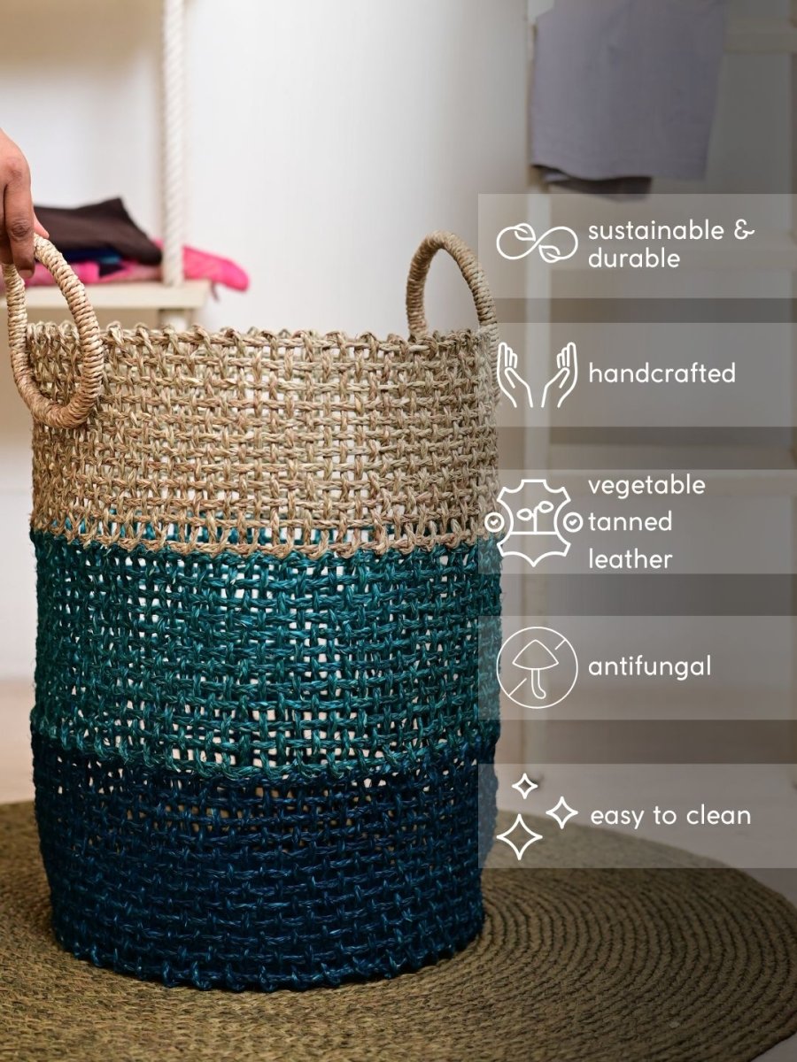 Handmade Sabai Grass Laundry Basket - Indigo - Kadam Haat