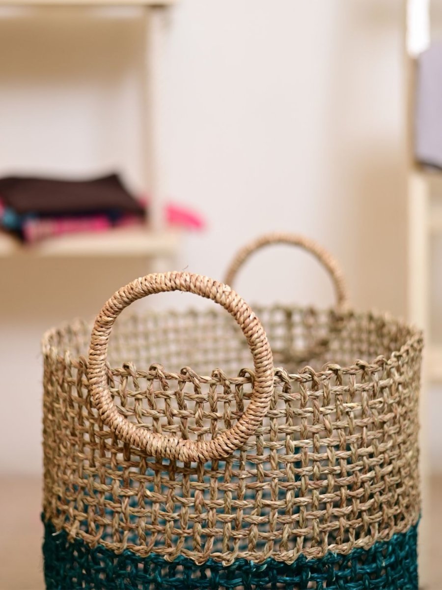 Handmade Sabai Grass Laundry Basket - Indigo - Kadam Haat